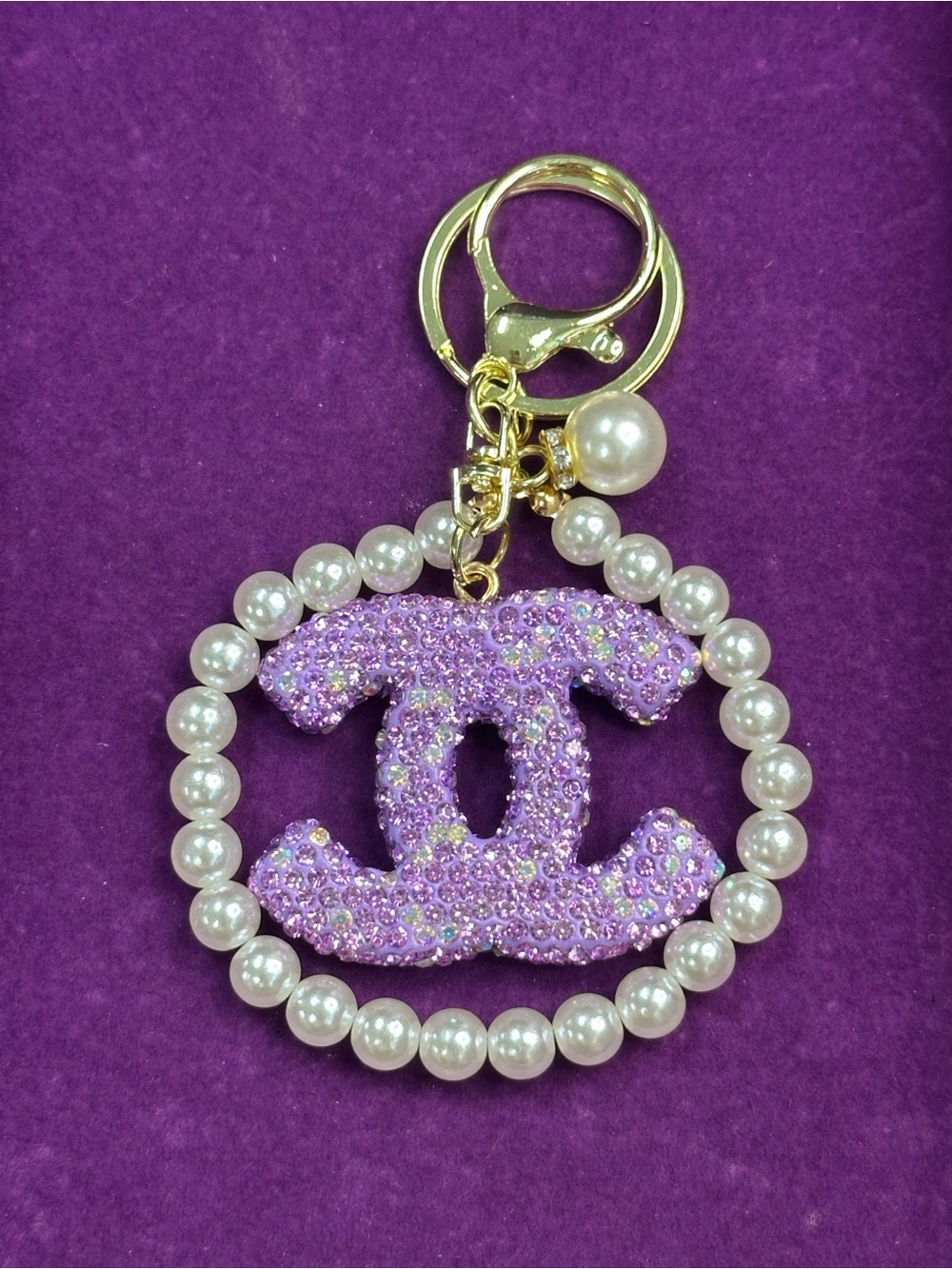 Rhinestone & pearl bag charm keyring